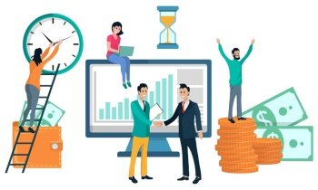 Infochart on computer monitor vector, people meeting partners handshake. Wallet with money banknotes and cash, ladder with clock deadline time sign. Wallet with Money, Partners Meeting Infochart