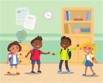 Primary or elementary school kids with backpacks. Smiling male and female students standing in classroom with bookshelf and globe vector illustration. Back to school concept. Flat cartoon. Primary School Kids with Backpacks in Classroom