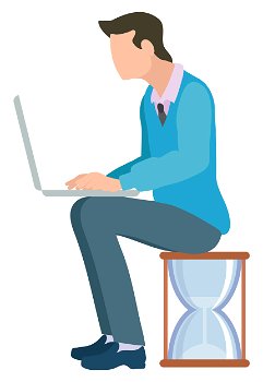Man sitting on hourglass and typing on laptop. Vector isolated businessman, time management concept, and glasses and work control, efficiency of work. Business education. Man Sits on Hourglass Typing on Laptop, Vector
