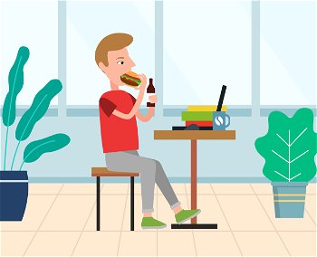 Man eating sandwich and drinking coffee on workplace, worker break in office. Employee character looking at monitor of laptop, houseplant indoor vector. Worker Eating on Workplace, Lunch in Office Vector