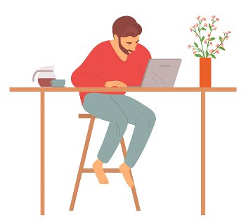 Man working from home vector, isolated person looking at screen of laptop, freelancer sitting by table with computer and vase with flower, coffee mug. Man at Home Sitting by Computer, Freelancer Vector