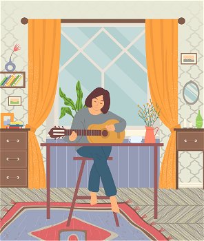 Woman playing guitar, person hobby at home, guitarist sitting on chair with instrument. Family entertainment indoor. Wooden furniture, plant and window vector. Female Playing Guitar, Sweet Home, Hobby Vector