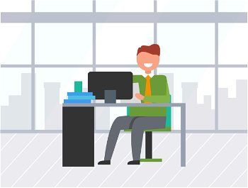 Smiling worker sitting at desktop with papers and computer. Employee character communication with pc on workplace, building view from window vector. Worker Using Computer, Business Workplace Vector