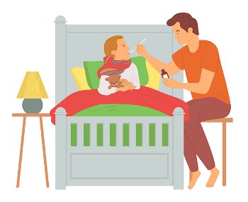 Father giving medical syrup to son, child lying with scarf holding toy, ill kid in bed, dad caring of little boy, people in bedroom, parenthood vector. Parent Caring of Ill Child, Dad and Son Vector