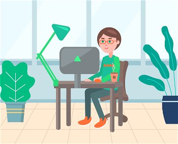 Worker man sitting at desktop and using computer, work with monitor of pc on workplace. Office decorated by houseplant, employee working with device vector. Man Using Pc, Business Workplace, Office Vector