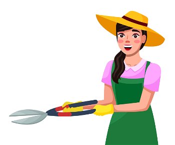 Portrait of young long-haired brunette woman in hat, uniform holding gardening scissors in hands at white background. Cartoon vector character with farmer tool in hands. Cute female gardener in gloves. Portrait of young woman gardener with gardening scissors, in hat and uniform, cartoon character