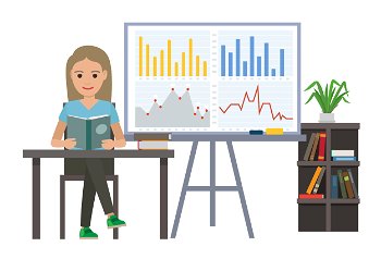 Woman sitting by table and reading book. Business analytics information on board. Finance graphs for appointment. Office room interior with plant and bookshelf. Vector illustration flat style. Woman Read Book at Work, Statistics Chart on Board