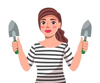 Vector character at white background. Young beautiful brunette woman with long hair holding two shovels in hands. Portrait of cute female wearing striped t-shirt and with gardening tools in hands. Vector portrait of beautiful long-haired brunette woman with shovels in hands at white background