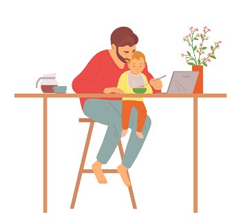 Parent with kid vector, male sitting by table with child feeding it, kiddo wearing bib, man watching film on laptop, people in kitchen father care. Father Caring for Child Daddy Feeding Kid Vector