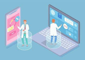 Isometric illustration of smartphone, laptop. Doctor give online consultation at website. Nutritionist check information in medical app, hold apple. Concept of app for disease with stomach, control diet. Isometric illustration of laptop, smartphone, online consultation with doctor, medical app