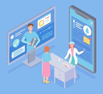 Flat isometric illustration of smartphone and display of computer. Online consultation with doctor, physician. Lab assistant show results of medical test, hold flask. Income message at screen of phone. Online consultation with doctor, lab ssistant show results of analysis, medical app, income message