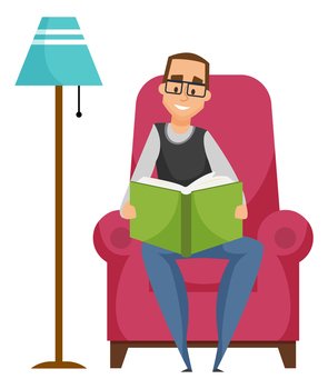 Man reading book, leisure or hobby of person. Smiling male character wearing glasses sitting on armchair near lamp, holding literature, relaxation vector. Smiling Male Reading Book at Home, Hobby Vector