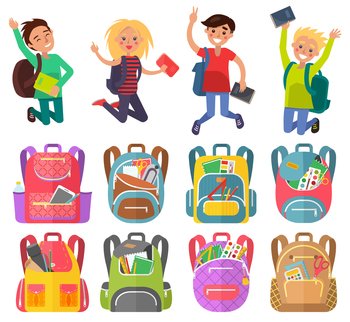 Jumping pupils with backpack, school bag with pen and pencil, paints and tassel, notebook sign. Smiling girl and boy, education element, classmates vector. Back to school concept. Flat cartoon. Classmates and Backpack, School Object Vector