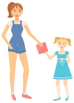 Mother and daughter, woman giving book to litle girl vector. Adult female character in denim overalls and child in dress and gaiters with ponytails. Woman Giving Book to Girl, Mother and Daughter