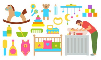 Man caring for newborn baby vector, isolated set of toys hose and plush bear, bowl and spoon, cone and crib cradle with stars and pillows, bodysuit, concept for Father day. Father with Baby, Dad Bathing Kid Parenting Man