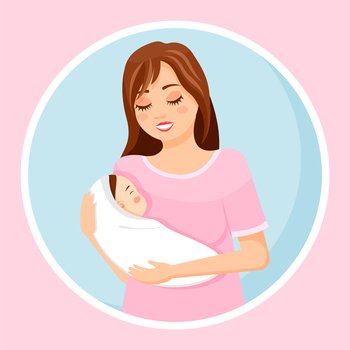 Young mother breastfeeds her baby. Baby in the arms of the mother. Motherhood and infancy. A woman in pink T-shirt holds child with her arms. Vector flat illustration of female isolated on blue. Mother with the baby in her arms. Breasfeeding, maternity and infancy. Flat vector illustration