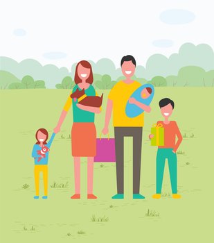 Big family together in park or forest having holiday. Father holding baby in hands. Mother with dog and daughter. Vector illustration in flat style. Family Together on Vacation with Pet in Park