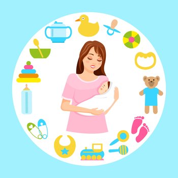 Mother holds newborn baby in her arms, surrounded by items of children s toys, dishes. Baby supplies for newborns. Motherhood and infancy. Caring for a baby. Useful products when breastfeeding a child. Mother holds a baby on her arms. Circle of children s toys and items for feeding. Flat image