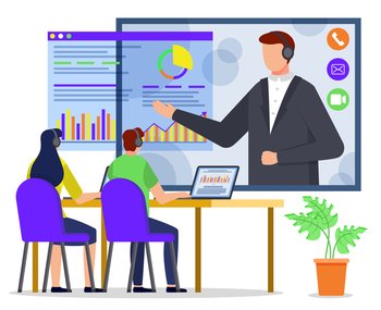 Man and woman sit on chairs by table, workplace. Conversation between office workers and manager or boss. Data charts and statistics diagrams on board. Vector illustration of appointment in flat style. Office Workers Talk with Manager at Work, Report