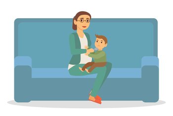 Parent feed son from spoon in living room. Kid sitting on mother knees and eating meal. Mother care about child, parenthood. Businesswoman in suit have time for baby. Vector illustration in flat. Mother Feed Son at Home, Businesswoman Parenthood