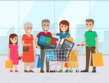 Big family with grandparents and little child making purchases together. People carrying shopping bags and using shopping cart to transport goods vector. Family Shopping in Supermarket or Mall Vector
