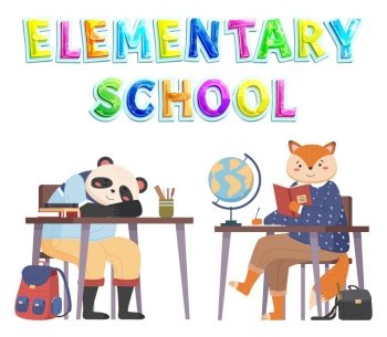Elementary school concept, colorful vector banner with bright lettering and animals students characters sitting at a desk. Back to school poster with animals students reading fox and sleeping panda. Elementary school concept, colorful vector banner with bright lettering and animals students