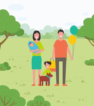 Happy family walks on nature with child, daughter and dog. Mom, dad, newborn in her arms, daughter and dog are walking in park or forest. Dad holds balloons. Parent couple with children. Outdoor Fun. Family walk in park. Father holds balloons and bag. Mother with baby on her arms. Daughter and dog