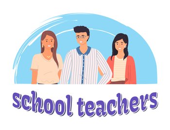 School teachers, portrait of young teachers and lettering. Masters appreciation week, award for best pedagogue at school. Smiling young man and woman standing together. Teacher s day card illustration. Portrait of young teachers and lettering. Award for best pedagogue at school flat illustration