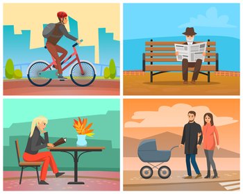 People walking on weekends vector, father and mother with perambulator. Old man reading newspaper, woman reading menu in cafe, autumn season vacations illustration in flat style design for web, print. Man Riding Bicycle, Couple with Perambulator in City