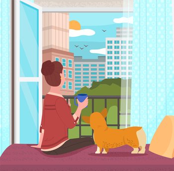 Woman sitting on windowsill at home with her corgi dog looking out the window, relaxing drinking tea. Female character rest in cozy interior vector. Spend time at home enjoy the beautiful scenery. Woman sitting on windowsill at home with her corgi dog looking out the window, relaxing drinking tea