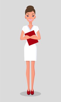 Pretty young slim woman character in business clothes. Smiling business woman standing with a folder in hands. Businesswoman wearing a white short dress and red shoes standing straight at full height. Pretty young slim woman in business clothes. Smiling business woman standing with a folder in hands