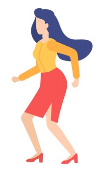Businesswoman running forward abstract vector illustration character in flat design business woman. Person wearing formaly runs away from someone else, catches up to hold, customer retention concept. Businesswoman running forward abstract vector illustration character in flat design business woman