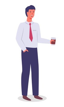 Smiling man young businessman dressed in shirt and tie standing at full height with a cup of coffee in hand on white. Businessperson male character in formal clothes office worker or employee. Smiling man young businessman dressed in shirt and tie standing at full height vector illustration