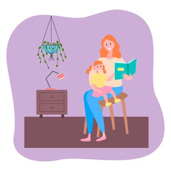 Concept of mother and daughter relationships, parenthood. Mommy sitting at chair in room and reading book. Little girl sitting on knees and listening fairy tail. Friendship of girl and mother. Mother reading book her little daughter sitting on knees, motherhood or maternity, leisure time