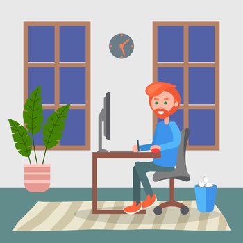 Programmer adult man sitting at table and using computer. Quarantine distance work. Freelance work at home. Effectively organizing home time. Home office. Young guy working online, freelancer. Red-haired bearded man working with computer at home, young guy playing computer games in internet