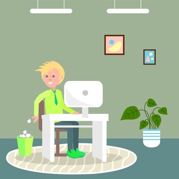 Young blond guy sitting at white stylish table with white monoblock. The guy throws crumpled paper lumps into trash. Round rug, green walls and floor, potted plant, ceiling lighting. Work at home. The guy sits at table with monoblock and throws paper lumps into trash. Work at home. Sit back