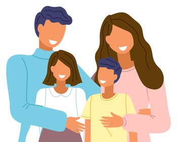 Happy family of 4 people close up. Posing for the picture. Dad hugs daughter, mom hugs son. A happy family spends time together. Parents and children. Flat vector characters isolated on white. Parents and children close-up. Take a family shot. A happy family. Flat vector image on white