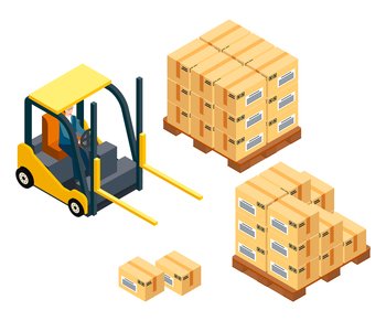 Loading boxes. Forklift machine, vehicle for loading, raising heavy boxes, packages. Wooden palette with cargo, boxes, parcels with labels. Man sitting inside industrial truck. Storage service. Loading boxes, forklift machine, vehicle for loading, raising heavy boxes, packages, cargo