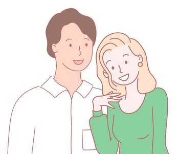 Happy in love couple, young man and woman isolated at white background, smiling people sketch. Drawing people. Portrait of young guy with his girlfriend. Man wearing shirt, woman in green sweater. Happy in love couple, young man and woman isolated at white background, smiling people sketch