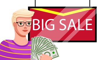 Sale banner with handsome man standing near advertising red poster with lettering big sale. A serious guy is holding a lot of paper dollar bills in hand, discount shopping time promotional style. Sale banner with handsome man standing near advertising red poster with lettering big sale