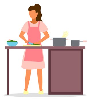 Woman practice cooking in the kitchen. Girl uses knife, bowls, pots. Cook spaghetti. Self improvement. Stay at home. Kitchen equipmen. Self isolation, quarantine due to coronavirus. Home activities. Woman cooks spaghetti. Pots, bowls. Stay at home. Self-education. Home activities. Flat image