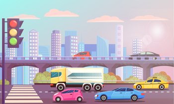 Cityscape with street with zebra vector, transportation cars on roads. Traffic lights and bridge with automobile, skyscrapers and buildings lorry taxi illustration in flat style design for web, print. Cityscape Highway with Traffic Lights Road Street