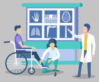 Doctor and X-rays, handicapped man in wheelchair and traumatologist vector. Medicine and healthcare, hand and teeth, head and lungs, knee and spine xray files. Bone injury treatment illustration. X-rays and Doctor, Handicapped Man In Wheelchair