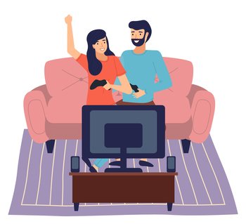 Frandly family playing video games. Man and woman gaming with gamepad controller, holding joystick in hands flat design. Family weekend, couple spend time together playing a computer game at home. Family weekend, couple man and woman spend time together playing a computer video game at home