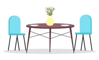 Isolated chairs, table with flower in vase and two food plates at white background. Modern stylish furniture for home, restaurant or cafe. Cozy place for rest, sitting, eat. Comfortable place. Chairs, table with flower in vase and two food plates at white background, modern furniture for cafe