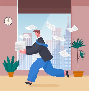 Running young man businessman against a large window, cartoon concerned character with a stack of paper in hand vector. Man in a jacket and tie hurries late, paper falls from his hands to the floor. Running young man businessman, cartoon concerned character with a stack of paper in hand vector