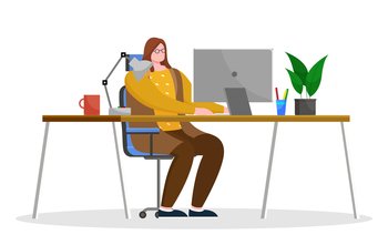 Young woman work on laptop at office room. Lady sit on chair by table and type on keyboard of computer. Coffee cup, plant and lamp on desk, person workplace. Vector illustration of open space in flat. Woman Work on Computer at Office, Cozy Workplace