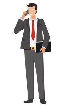 Man wearing suit with tie vector, isolated male leader of company. Male talking on phone, formalwear of business person dealing with problems flat style. Businessman Talking on Phone, Leader in Suit Vector