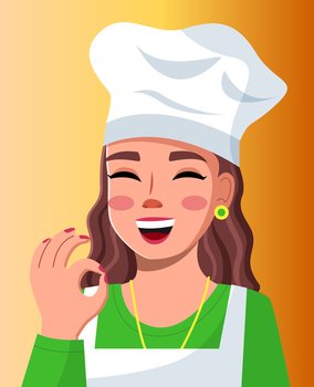 Young beautiful woman cook in cook hat smiles and shows OK. Makeup, red polish, well-groomed young woman. Cooking online, blogging, food satisfaction. Blogger, streamer, model. Flat vector image. Female cook shows OK, close-up. Blogger cook doing cooking master class. Flat vector image