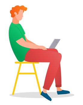 Man sitting on the tabouret and working with laptop in social networks isolated on white. Redheaded male character on the chair in casual clothes holding computer on his knees typing on the keyboard. Man sitting on the tabouret and working with laptop in social networks holding computer on his knees